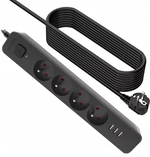 Napájací kábel, predlžovací kábel Defender 4 zásuvky + 3 USB zásuvka s uzemnením. Dĺžka kábla 5